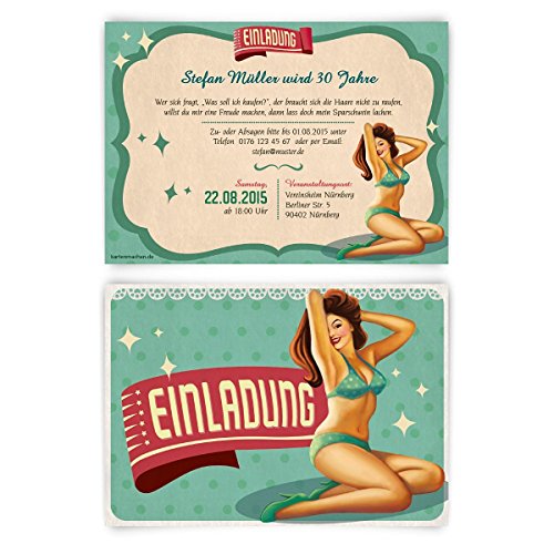Einladungen zum Geburtstag (30 Stück) Pin Up Girl Retro Vintage Einladungskarten von Kartenmachen.de