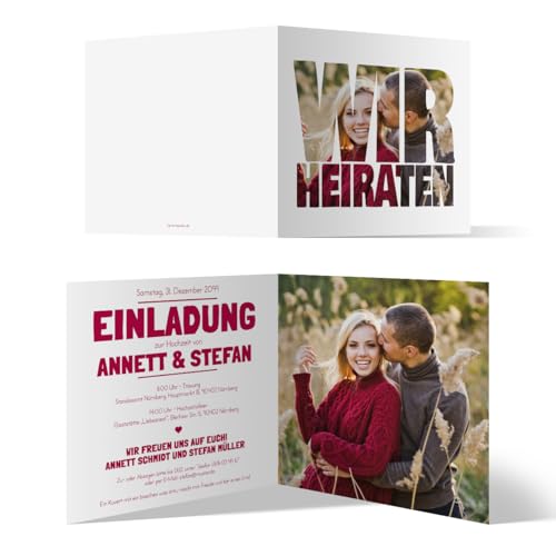 Personalisierte Einladungskarten zur Hochzeit (10 bis 100 Stück wählbar) - Fotoschrift Bildausschnitt - Hochzeitskarten Hochzeitseinladungen mit Bild und Text, dickes Papier, Briefumschläge optional von Kartenmachen.de