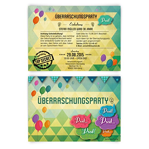 Einladungskarten zum Geburtstag (10 Stück) Überraschungsparty Einladung Party Überraschung von Kartenmachen.de