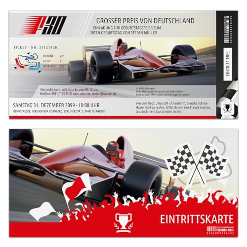 Einladungskarten zum Geburtstag (10 Stück) als Formel Ticket Rennwagen Einladung Karte Rennfahrer von Kartenmachen.de