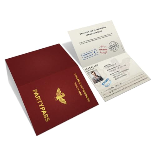 Einladungskarten zum Geburtstag (10 Stück) als Reisepass Klappkarte mit Foto Ausweis Pass von Kartenmachen.de