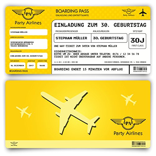 Einladungskarten zum Geburtstag (30 Stück) als Flugticket Ticket Karte Einladung in Gelb von Kartenmachen.de