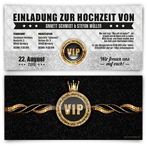 Einladungskarten zur Hochzeit (10 Stück) VIP Ticket Gold edel Krone Einladung UV-Lack Karte von Kartenmachen.de