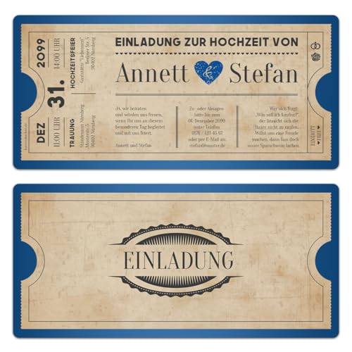Einladungskarten zur Hochzeit (10 Stück) als Eintrittskarte Vintage Herz Retro Einladung Karte in Blau von Kartenmachen.de