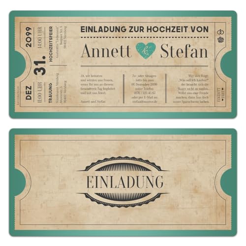 Personalisierte Einladungskarten zur Hochzeit (10-100 Stück) als Eintrittskarte Vintage Herz Retro Einladung Karte in Mingrün von Kartenmachen.de