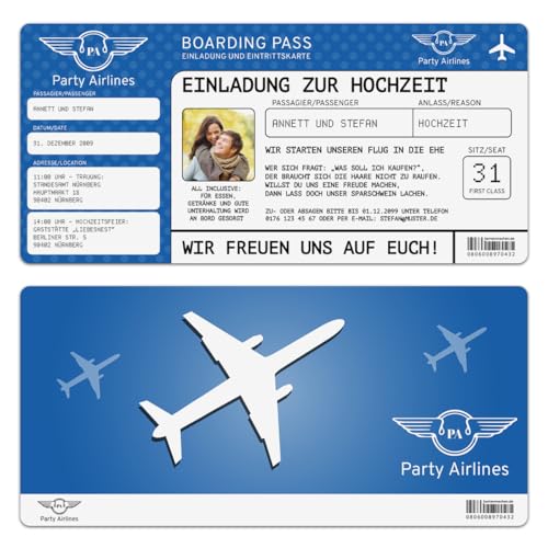 Einladungskarten zur Hochzeit (30 Stück) Flugticket mit Foto Einladung in Blau von Kartenmachen.de