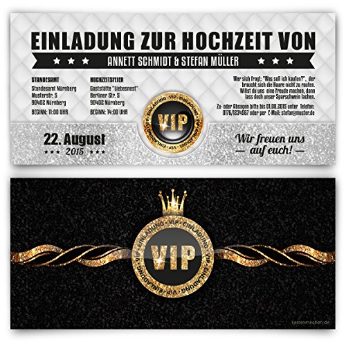 Einladungskarten zur Hochzeit (30 Stück) VIP Ticket Gold edel Krone Einladung Karte von Kartenmachen.de