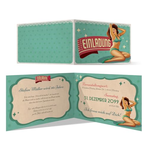 Geburtstag Einladungskarten (10 Stück) - Pin Up Girl - Vintage Retro Geburtstagseinladungen Klappkarte von Kartenmachen.de