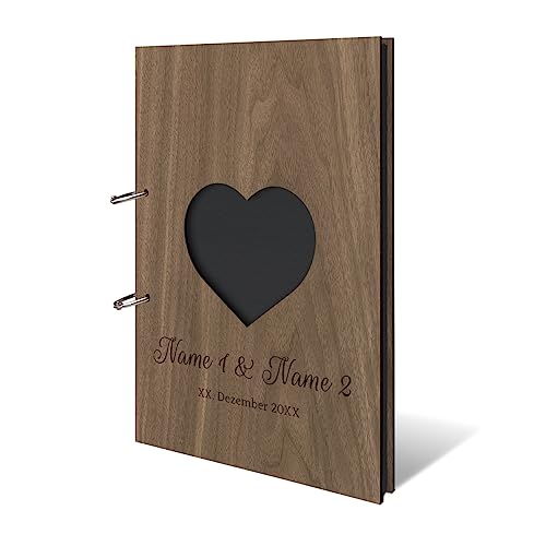 Personalisiertes Hochzeit Fotoalbum echtes Nussbaum Holz lasergeschnitten DIN A4 Hochzeitsbuch mit Lasergravur - Herz - mit 25 Blatt / 50 Seiten Fotokarton Schwarz von Kartenmachen.de