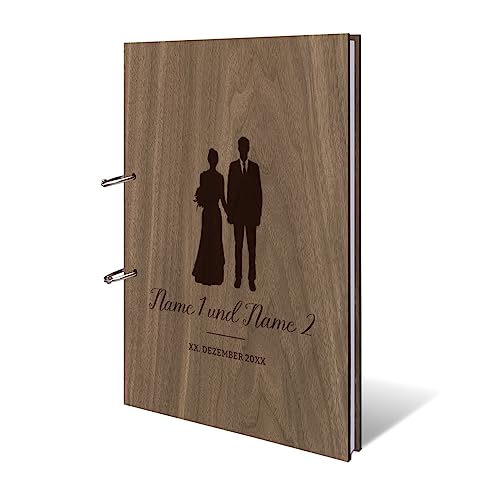 Hochzeit Gästebuch Okoume Holz Gravur individuell Holzcover mit 144 Naturpapier Innenseiten DIN A4 hoch 215 x 302 mm - Brautpaar von Kartenmachen.de