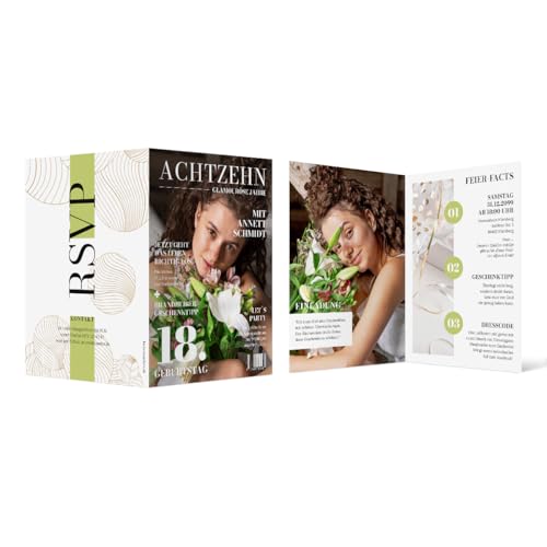 Individuelle 18. Geburtstag Foto Einladungskarten ab 10 bis 100 Stück selbst gestalten Klappkarte DIN A6, dickes 300g/qm Papier, Umschläge optional, Magazin Look Individuelle 18. Geburtstag Foto Einladungskarten ab 10 bis 100 Stück selbst gestalten Klappkarte DIN A6, dickes 300g/qm Papier, Umschläge optional, Magazin Look von Kartenmachen.de