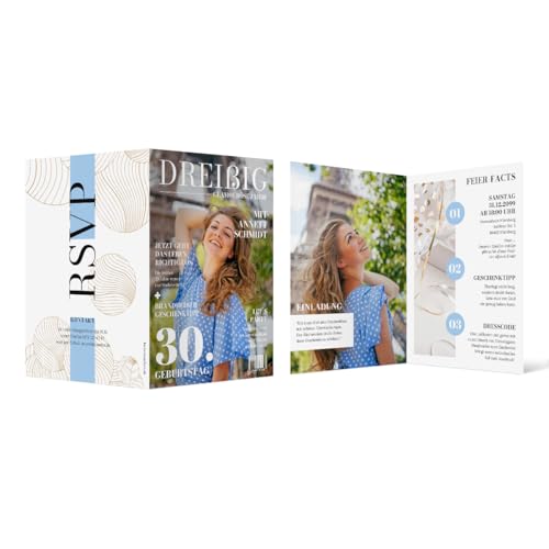 Individuelle 30. Geburtstag Foto Einladungskarten ab 10 bis 100 Stück selbst gestalten Klappkarte DIN A6, dickes 300g/qm Papier, Umschläge optional, Magazin Look von Kartenmachen.de