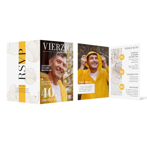 Individuelle 40. Geburtstag Foto Einladungskarten ab 10 bis 100 Stück selbst gestalten Klappkarte DIN A6, dickes 300g/qm Papier, Umschläge optional, Magazin Look Individuelle 40. Geburtstag Foto Einladungskarten ab 10 bis 100 Stück selbst gestalten Klappkarte DIN A6, dickes 300g/qm Papier, Umschläge optional, Magazin Look von Kartenmachen.de
