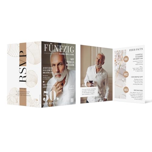 Individuelle 50. Geburtstag Foto Einladungskarten ab 10 bis 100 Stück selbst gestalten Klappkarte DIN A6, dickes 300g/qm Papier, Umschläge optional, Magazin Look Individuelle 50. Geburtstag Foto Einladungskarten ab 10 bis 100 Stück selbst gestalten Klappkarte DIN A6, dickes 300g/qm Papier, Umschläge optional, Magazin Look von Kartenmachen.de