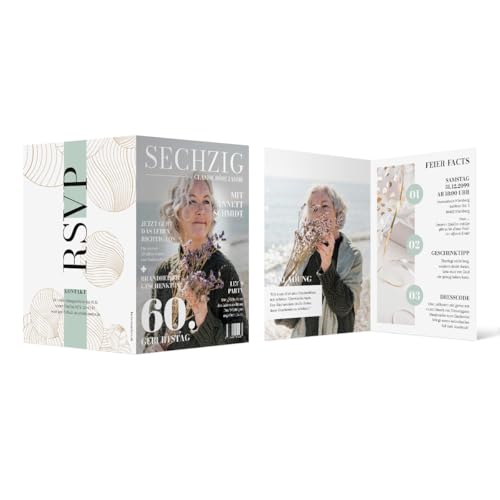Individuelle 60. Geburtstag Foto Einladungskarten ab 10 bis 100 Stück selbst gestalten Klappkarte DIN A6, dickes 300g/qm Papier, Umschläge optional, Magazin Look Individuelle 60. Geburtstag Foto Einladungskarten ab 10 bis 100 Stück selbst gestalten Klappkarte DIN A6, dickes 300g/qm Papier, Umschläge optional, Magazin Look von Kartenmachen.de