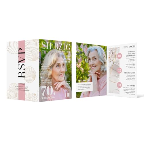Individuelle 70. Geburtstag Foto Einladungskarten ab 10 bis 100 Stück selbst gestalten Klappkarte DIN A6, dickes 300g/qm Papier, Umschläge optional, Magazin Look Individuelle 70. Geburtstag Foto Einladungskarten ab 10 bis 100 Stück selbst gestalten Klappkarte DIN A6, dickes 300g/qm Papier, Umschläge optional, Magazin Look von Kartenmachen.de