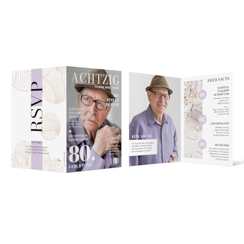 Individuelle 80. Geburtstag Foto Einladungskarten ab 10 bis 100 Stück selbst gestalten Klappkarte DIN A6, dickes 300g/qm Papier, Umschläge optional, Magazin Look Individuelle 80. Geburtstag Foto Einladungskarten ab 10 bis 100 Stück selbst gestalten Klappkarte DIN A6, dickes 300g/qm Papier, Umschläge optional, Magazin Look von Kartenmachen.de