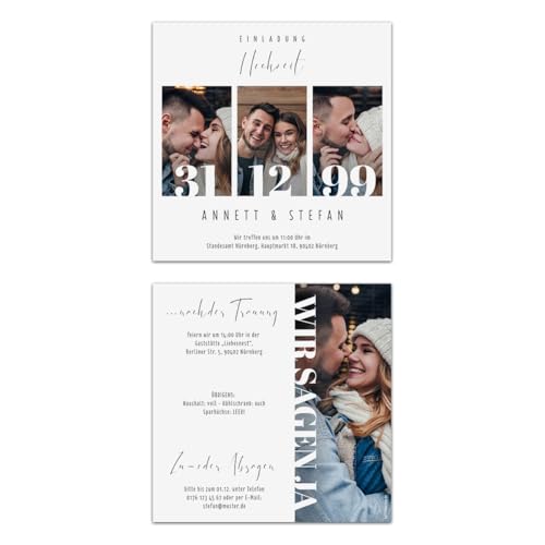 Individuelle Foto Hochzeitseinladungen ab 10-100 Stück mit 4 eigenen Bildern und Text selbst gestalten "Foto Meilenstein" Motiv, 148x148mm, dickes 300g/qm Papier, Umschläge optional von Kartenmachen.de