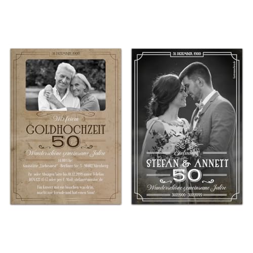 Kartenmachen.de 10-100x Stück Hochzeitseinladungen Foto Goldhochzeit goldene Hochzeit Einladung individuell - 50 wundervolle Jahre, DIN A6, Vintage Umschläge optional Kartenmachen.de 10-100x Stück Hochzeitseinladungen Foto Goldhochzeit goldene Hochzeit Einladung individuell - 50 wundervolle Jahre, DIN A6, Vintage Umschläge optional von Kartenmachen.de