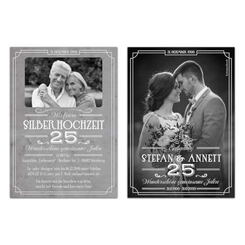 Kartenmachen.de 10-100x Stück Hochzeitseinladungen Silberhochzeit silberne Hochzeit Einladung - 25 wundervolle Jahre, DIN A6, Vintage Umschläge optional Kartenmachen.de 10-100x Stück Hochzeitseinladungen Silberhochzeit silberne Hochzeit Einladung - 25 wundervolle Jahre, DIN A6, Vintage Umschläge optional von Kartenmachen.de