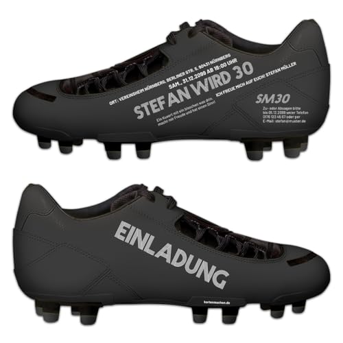 Kartenmachen.de 10-100x Stück personalisierte lasergeschnittene Einladungskarten zum Geburtstag in Form eines Fußballschuhs, dickes 300g/qm Papier, ca. 210x94 mm Kartenmachen.de 10-100x Stück personalisierte lasergeschnittene Einladungskarten zum Geburtstag in Form eines Fußballschuhs, dickes 300g/qm Papier, ca. 210x94 mm von Kartenmachen.de