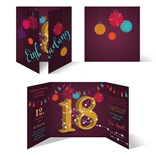 Kartenmachen.de Individuelle Geburtstagseinladungen zum 18. Geburtstag personalisierte Einladungskarten ab 10 Stück selbst gestalten Quadrat 155x155mm Altarfalz - Girlande von Kartenmachen.de