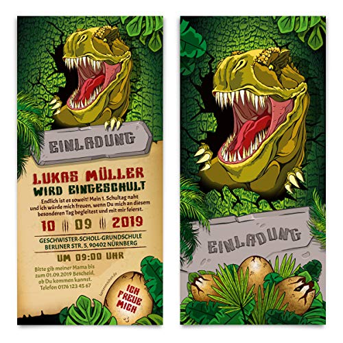 Kartenmachen.de 10 x Einschulung Einladungskarten Schulanfang individuell Einladungen - T-Rex Dinosaurier von Kartenmachen.de