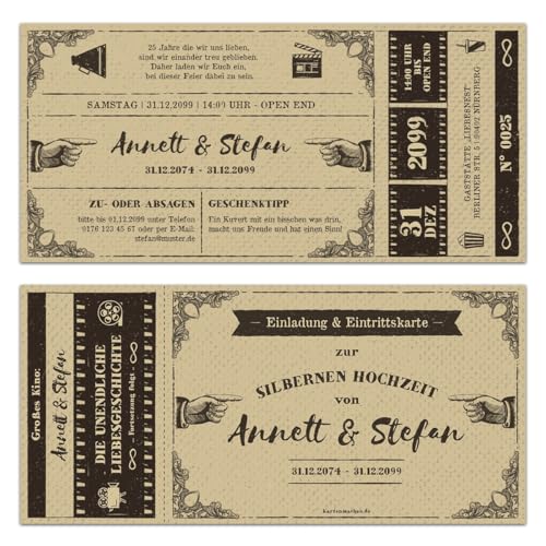 Kartenmachen.de Personalisierte 10 bis100x Hochzeitseinladungen Silberhochzeit silberne Hochzeit Einladung - Vintage Kinoticket von Kartenmachen.de