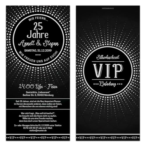 Kartenmachen.de 10 x Hochzeitseinladungen individuelle Einladungskarten Silberhochzeit - Schwarz/Silber VIP von Kartenmachen.de
