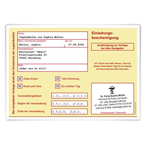 Kartenmachen.de 10 x Jugendweihe Einladungskarten Einladungen Jugendfeier - Krankschreibung Gelb von Kartenmachen.de
