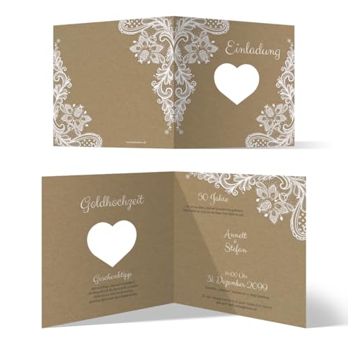 Kartenmachen.de 10 x Lasergeschnittene Hochzeitseinladungen Goldhochzeit goldene Hochzeit Einladung individuell - Rustikal Kraftpapier von Kartenmachen.de
