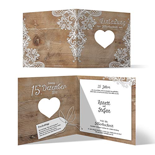 Kartenmachen.de 10 x Lasergeschnittene Hochzeitseinladungen silberne Hochzeit Silberhochzeit Einladungen individuell - Rustikal mit weißer Spitze von Kartenmachen.de