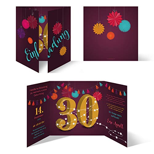 Kartenmachen.de Individuelle Geburtstagseinladungen zum 30. Geburtstag personalisierte Einladungskarten ab 10 Stück selbst gestalten Quadrat 155x155mm Altarfalz - Girlande von Kartenmachen.de