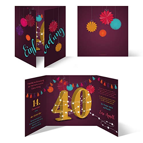 Kartenmachen.de Individuelle Geburtstagseinladungen zum 40. Geburtstag personalisierte Einladungskarten ab 10 Stück selbst gestalten Quadrat 155x155mm Altarfalz - Girlande von Kartenmachen.de