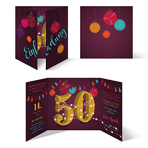Kartenmachen.de Individuelle Geburtstagseinladungen zum 50. Geburtstag personalisierte Einladungskarten ab 10 Stück selbst gestalten Quadrat 155x155mm Altarfalz - Girlande von Kartenmachen.de