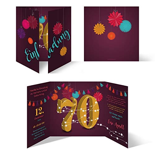 Kartenmachen.de Individuelle Geburtstagseinladungen zum 70. Geburtstag personalisierte Einladungskarten ab 10 Stück selbst gestalten Quadrat 155x155mm Altarfalz - Girlande von Kartenmachen.de