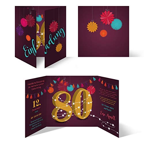 Kartenmachen.de Individuelle Geburtstagseinladungen zum 80. Geburtstag personalisierte Einladungskarten ab 10 Stück selbst gestalten Quadrat 155x155mm Altarfalz - Girlande von Kartenmachen.de