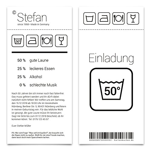 Kartenmachen.de 20 x Einladungskarten runder Geburtstag 50 Jahre Grad Geburtstagseinladungen - Waschanleitung von Kartenmachen.de
