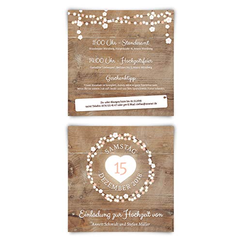 Kartenmachen.de 20 x Hochzeitseinladungen Einladungen zur Hochzeit individuell Text Gestaltung - Holz Lichtgirlande von Kartenmachen.de
