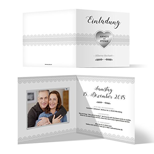 Kartenmachen.de 30 x Hochzeitseinladungen Silberhochzeit silberne Hochzeit Einladung individuell - Silberherz von Kartenmachen.de