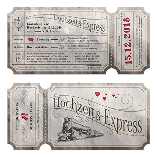 Kartenmachen.de 30 x Lasergeschnittene Vintage Hochzeitseinladungen individuell mit Ihrem Inhalt und echtem Abriss - Marmor Zugticket Hochzeitsexpress von Kartenmachen.de