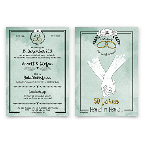 Kartenmachen.de 40 x Hochzeitseinladungen Goldhochzeit goldene Hochzeit Einladung - Hand in Hand von Kartenmachen.de