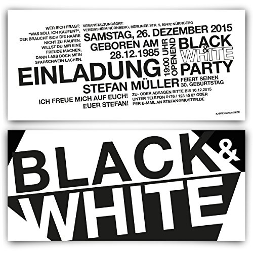 Kartenmachen.de Einladungen (10 Stück) zum Geburtstag Schwarz Weiß - Black & White Party Einladungskarten von Kartenmachen.de