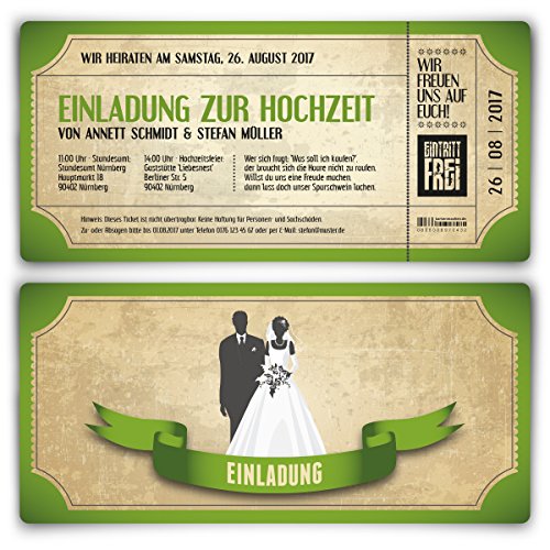 Kartenmachen.de Einladungskarten zur Hochzeit (10 Stück) als Eintrittskarte im Vintage Ticket Look Hochzeitskarten in Grün von Kartenmachen.de