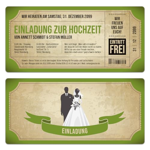 Kartenmachen.de Einladungskarten zur Hochzeit (10 Stück) als Eintrittskarte im Vintage Ticket Look Hochzeitskarten in Grün von Kartenmachen.de