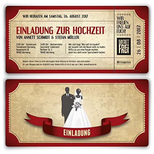 Kartenmachen.de Einladungskarten zur Hochzeit (10 Stück) als Eintrittskarte im Vintage Ticket Look Hochzeitskarten in Rot von Kartenmachen.de