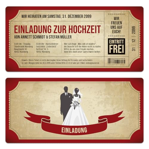 Kartenmachen.de Personalisierte Einladungskarten zur Hochzeit (ab 10 Stück Sets selbst gestalten) als Eintrittskarte mit echtem Abriss im Vintage Ticket Look Hochzeitskarten in Rot von Kartenmachen.de