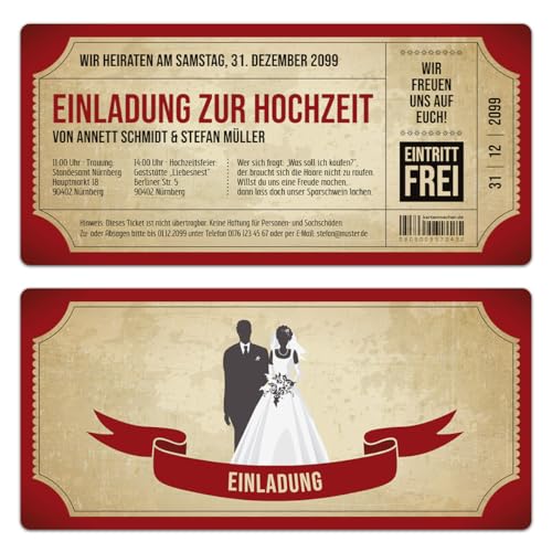 Kartenmachen.de Personalisierte Einladungskarten zur Hochzeit (ab 10 Stück Sets selbst gestalten) als Eintrittskarte mit echtem Abriss im Vintage Ticket Look Hochzeitskarten in Rot von Kartenmachen.de