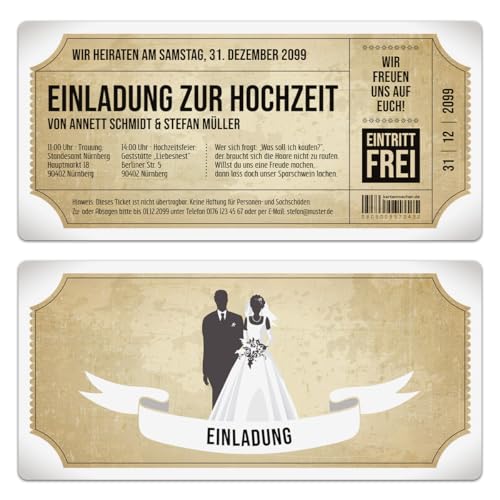 Kartenmachen.de Personalisierte Einladungskarten zur Hochzeit (ab 10 Stück Sets selbst gestalten) als Eintrittskarte mit echtem Abriss im Vintage Ticket Look Hochzeitskarten in Weiß von Kartenmachen.de