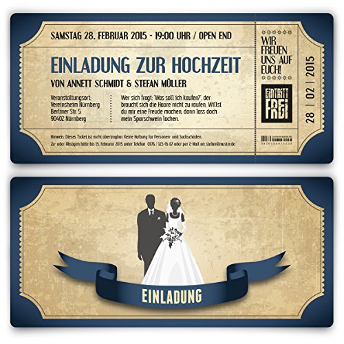 Kartenmachen.de Einladungskarten zur Hochzeit (10 Stück) als Eintrittskarte im Vintage Ticket Look Hochzeitskarten von Kartenmachen.de